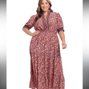 NWOT London Times Beautiful Floral V-Neck Maxi Dress in Coral and Black